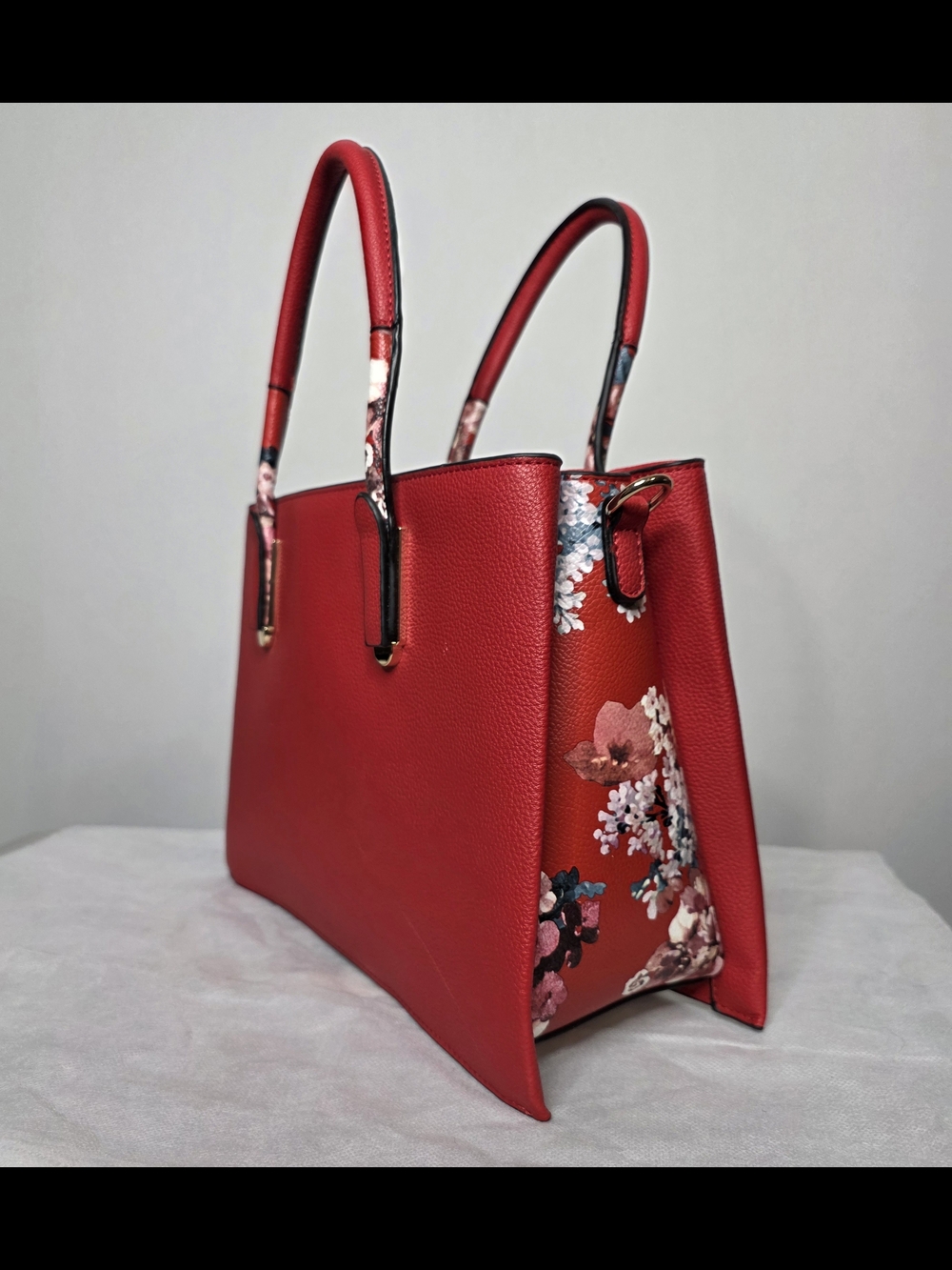 Red Floral Structured Satchel Tote Purse Boutique Handbag